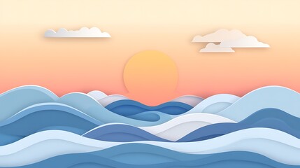 Ocean waves at sunset, depicted in a paper-cut style.
