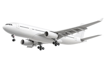 Obraz premium Airplane taking off with landing gear deployed against a white background during bright daylight hours in a clear sky