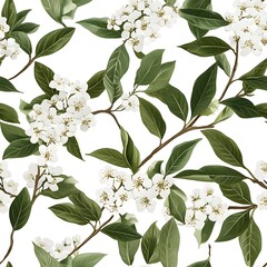 Detailed floral pattern of white flowers and green leaves.