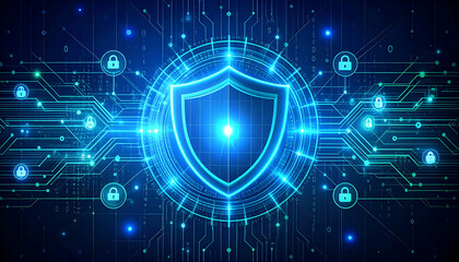 global security with blue shield on a dark background