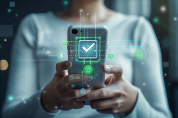 Secure mobile authentication. Woman using smartphone with digital verification icons and biometric security interface.
