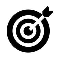 Solid Dartboard Bullseye Icon – Target with Arrow:
Bold black icon of a dartboard with an arrow in the center, symbolizing precision and achievement.