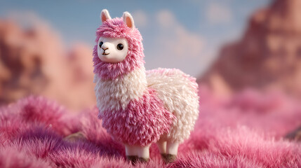 Cute, fluffy pink llama figurine standing on vibrant pink grass in a whimsical landscape