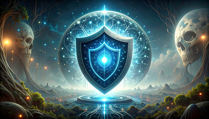 global security with blue shield on a dark background