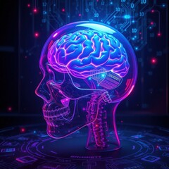 Obraz premium Futuristic Digital Human Brain with Neon Neural Network, AI Technology, Cybernetic Science Illustration.