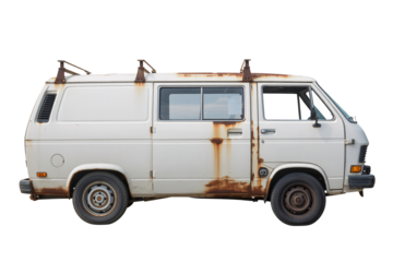 Old rusty white van isolated on transparent background, vintage damaged cargo vehicle with corrosion.