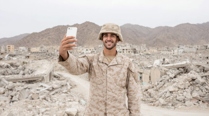 soldier taking selfie with smile amidst backdrop of devastated city families crying in distance