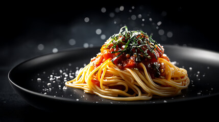 A beautifully plated spaghetti dish topped with rich tomato sauce and herbs on a dark background