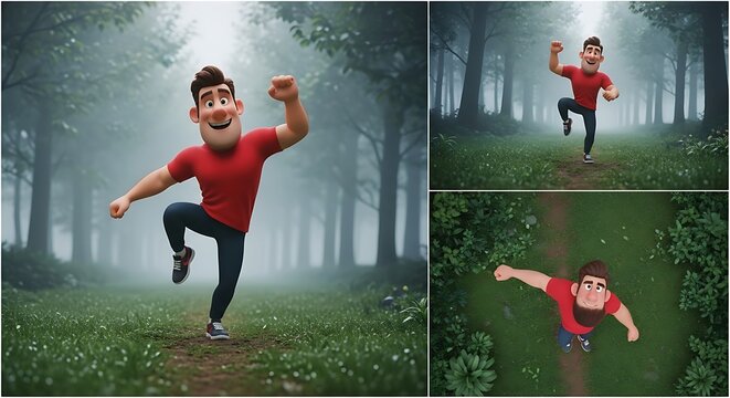 Man Jogging Through Foggy Forest Celebrating Success