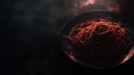 A dramatic close-up of a plate of spaghetti with a dark, smoky background, evoking a sense of mystery