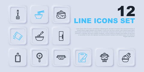 Set line Cooking pot on fire, Measuring cup and bowl, whisk with, Cutting board knife, Packet of pepper, Frying pan, Asian noodles and Kitchen colander icon. Vector