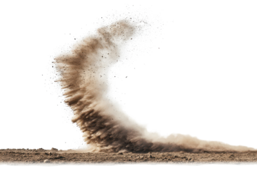 Dust devil creates a swirling vortex of dirt on a barren landscape under clear skies during a sunny afternoon