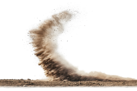 Dust devil creates a swirling vortex of dirt on a barren landscape under clear skies during a sunny afternoon