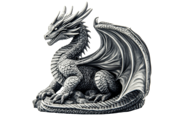 Dragon figure resting on rocks with transparent background in a thoughtfully designed setting showcasing intricate details and textures