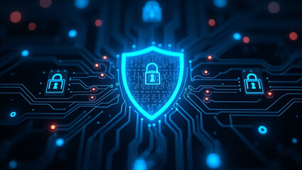 Fototapeta premium Cyber security shield with padlock on a digital circuit board network