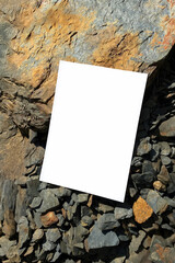 Mockup of white A4 sheet on stones of mountain rivers. Layout of poster on stone background. Poster mockup, blank with space for text, presentation template