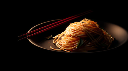 A beautifully arranged plate of spaghetti with chopsticks, set against a dark background