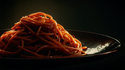 A close-up of a plate of spaghetti with rich sauce, illuminated against a dark background