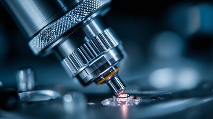 Close up of a metal microscope with a light shining on a sample on a dark blue background