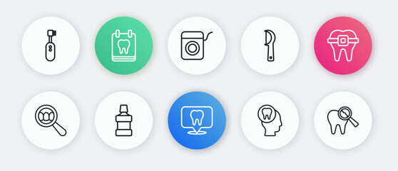 Set line Dental clinic location, Teeth with braces, search, Toothache, floss, Broken tooth and Mouthwash icon. Vector