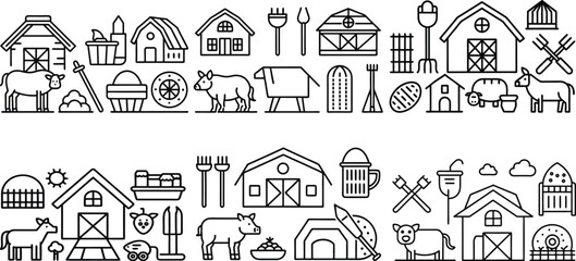 Illustrated Farm Icons with Animals, Buildings, Tools, and Equipment