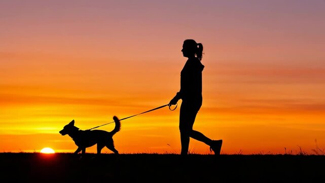 Woman walking dog on leash during sunset in outdoor setting  