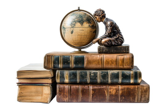 Exploring knowledge through literature and geography with a globe and stacked antique books