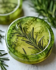 Handmade Rosemary Soap with Visible Herbs in Round Mold for Natural Skincare and Wellness Branding