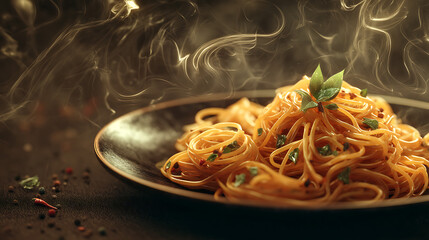 A steaming plate of spaghetti garnished with fresh herbs, set against a warm, rustic background