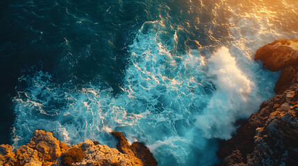 Spectacular drone photo, top view of seascape ocean wave crashing rocky cliff with sunset