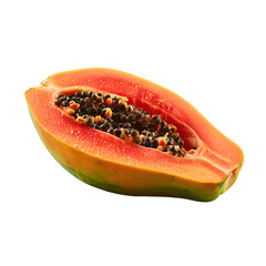 Freshly cut half of a papaya fruit showing juicy orange flesh and dark seeds isolated on background