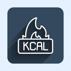 White line Kcal icon isolated on isolated with long shadow background. Health food. Blue square button. Vector