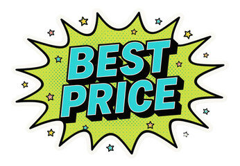 Green starburst sticker with BEST PRICE in bold comic style, eye-catching retail promo offer on transparent background.