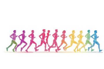 Colorful illustration of a runner in motion showcasing a progression from left to right with distinct rainbow hues in a dynamic running pose