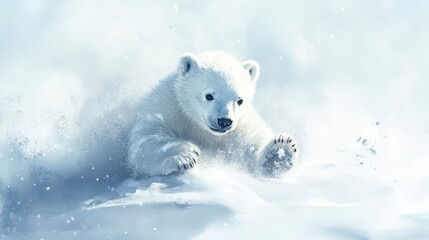 Adorable polar bear cub playfully running through snow, splashing water.