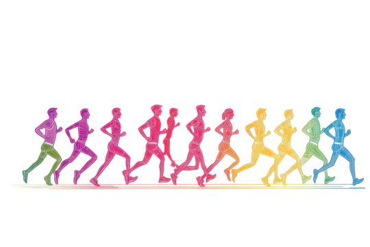 Colorful illustration of a runner in motion showcasing a progression from left to right with distinct rainbow hues in a dynamic running pose