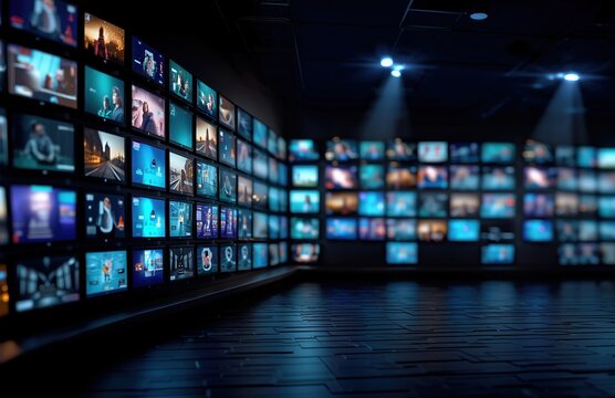 Vibrant media wall showcasing multiple digital screens displaying live news broadcasts, streaming services, and futuristic TV advertisements with dynamic network technology integration​