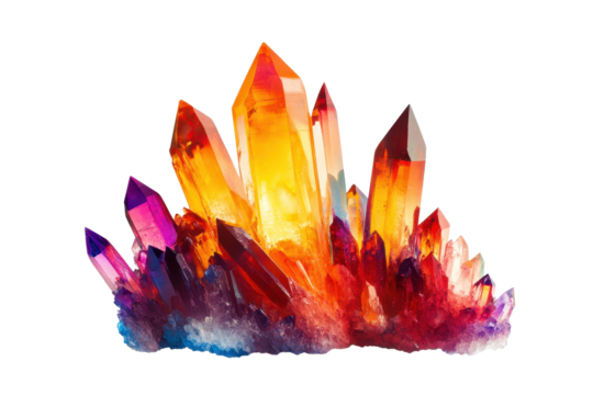 Crystal formation displaying vibrant hues with sharp points and intricate structures found in a natural environment