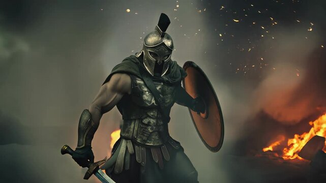 Ancient Roman warrior in armor with sword and shield