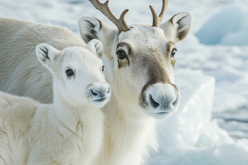 Obraz premium A white reindeer and its baby in the snow