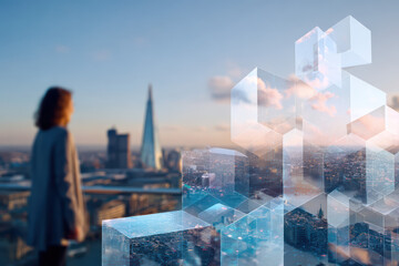 AR icons overlaid on city skyline