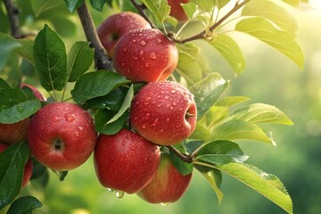 Obraz premium Cluster of Ripe Red Apples on Tree Branch with Green Leaves – Fresh Nature Close-Up Illustration