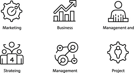 A set of six business icons depicting marketing, business, management, strategy, and project management
