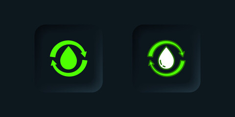 Green Recycle clean aqua icon isolated on black background. Drop of water with sign recycling. Black square button. Vector