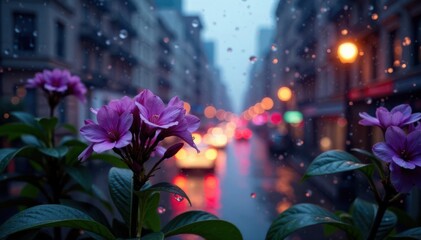 Blurred city lights, purple blooms seen through rain-streaked window, backdrop, soft