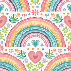 Colorful rainbow, heart and flower seamless pattern background