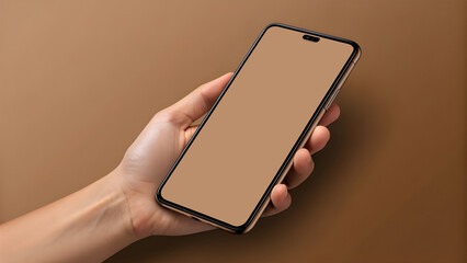 Realistic Smartphone Mockup in Hand on Brown Background &ndash; Blank Screen Display

