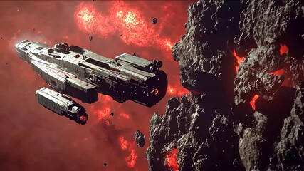Futuristic Spaceship Navigating Through Asteroid Field in Volcanic Space Environment - Powered by Adobe