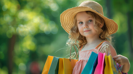 Little girl in summer clothes with shopping bags. Shopping, children's goods, advertising campaign.