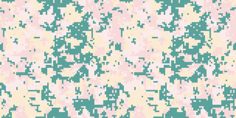 Abstract pixelated camouflage pattern in pastel pink, beige, and teal.  Perfect for fashion, textile design, or digital backgrounds. Evokes a sense of modern, understated style and subtle concealment.